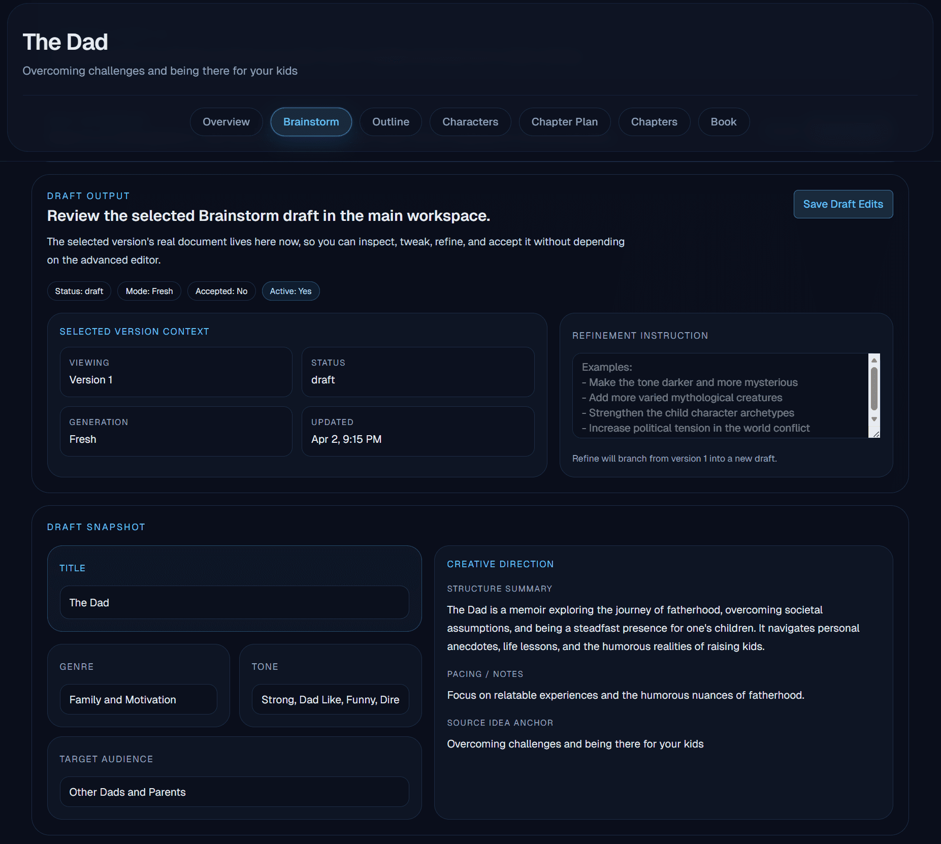 Skald Studio brainstorm review screen showing version context, refinement instructions, and draft snapshot details.