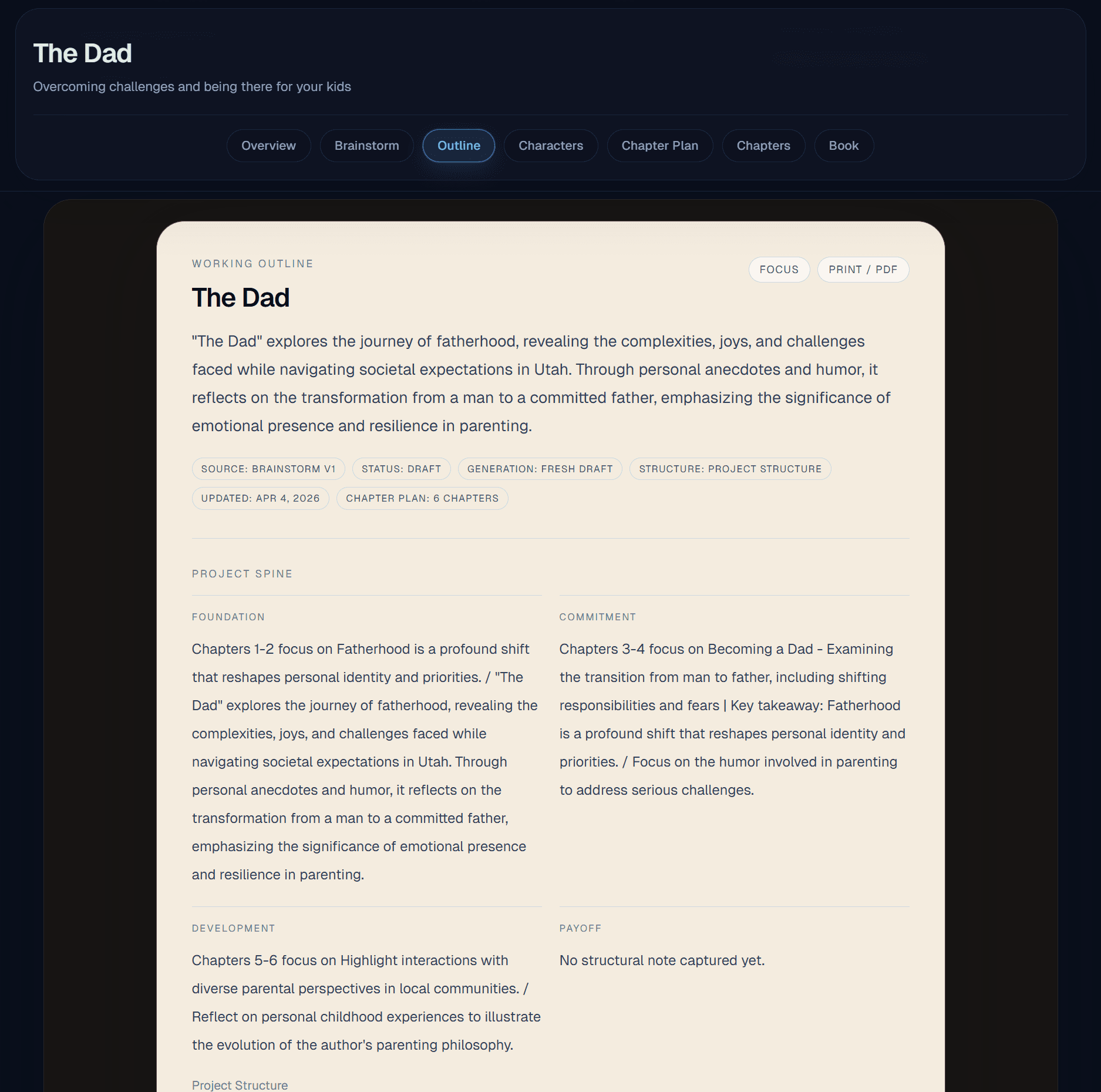 Skald Studio outline view displaying a working outline, project spine, and chapter plan structure.