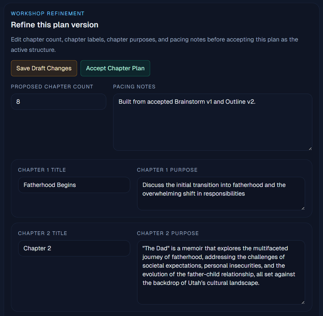 Skald Studio chapter plan refinement screen showing proposed chapter count, pacing notes, and chapter purposes.