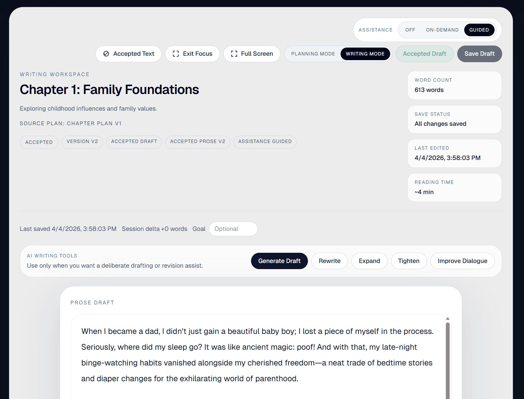 Skald Studio drafting workspace with accepted draft controls, writing mode, and prose draft tools.