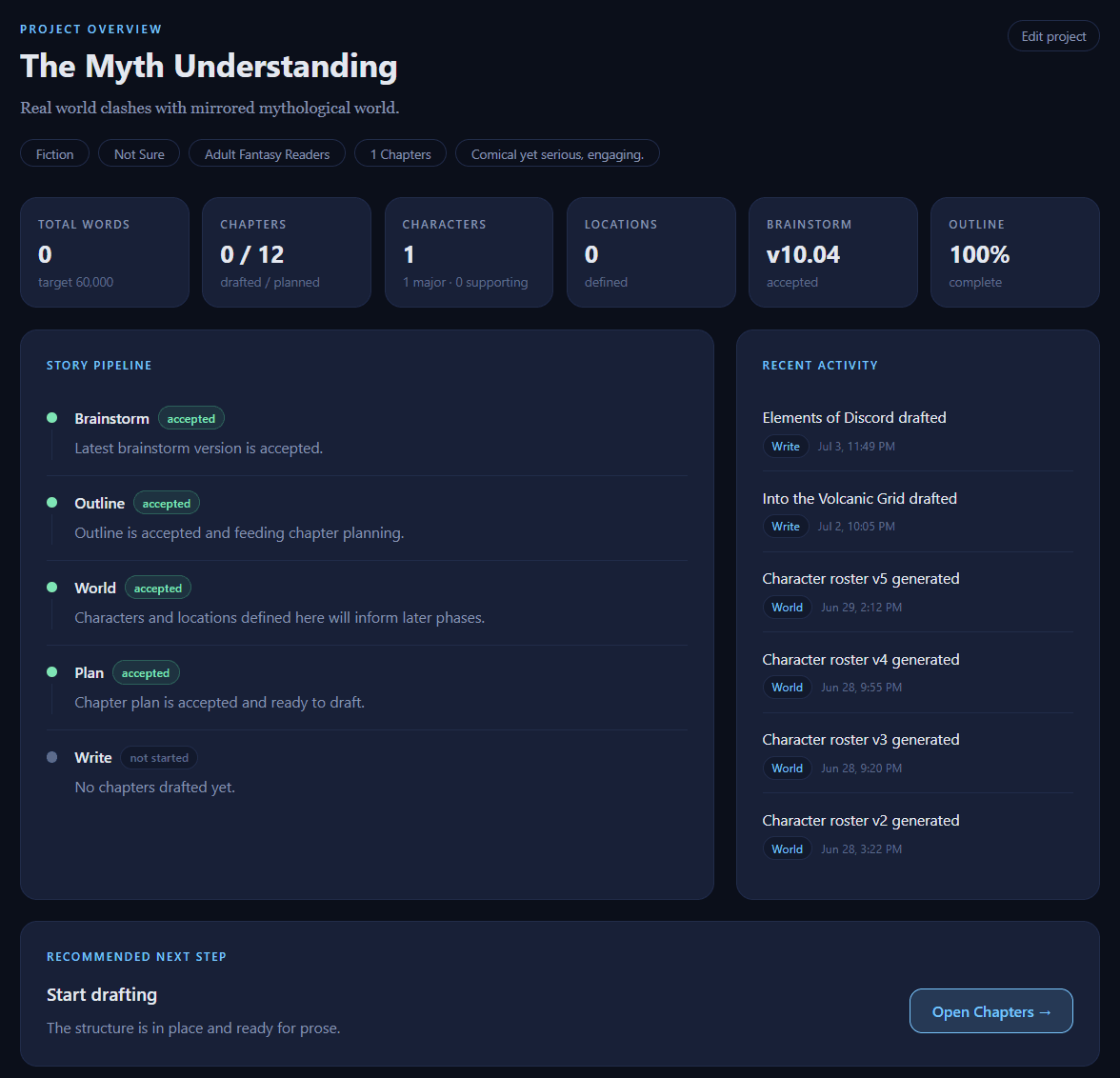 Skald Studio project overview with a story pipeline and next steps.